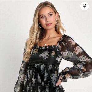 Lulu’s Black Floral Mini Dress with Sheer Sleeves